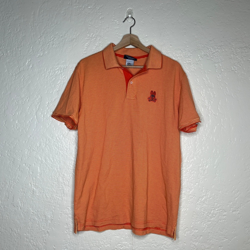Psycho Bunny Mens Orange Striped Pima Cotton Polo Shirt Size 7/XL
